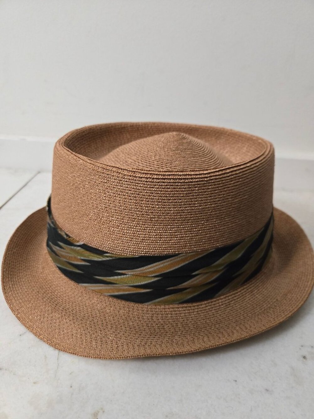 Stetson VTG Firm Weave Flat Brim Fedora Hat Size 7 1/4 Tapestry Banded